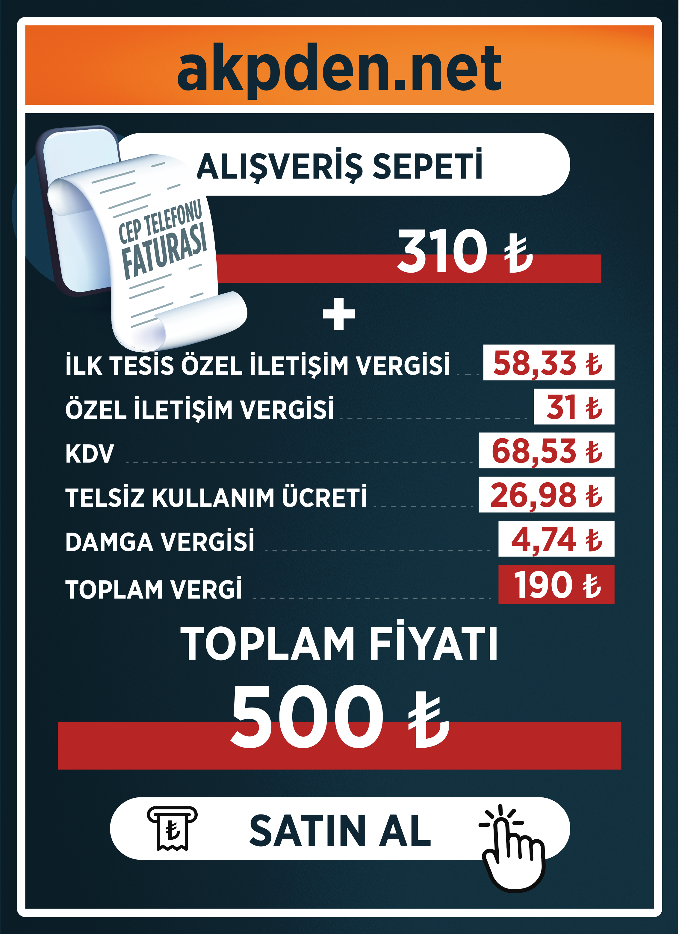 Özel İletişim Vergisi, KDV, Telsiz Kullanım Ücreti ve Damga Vergisi ile toplam fatura: ₺ 500